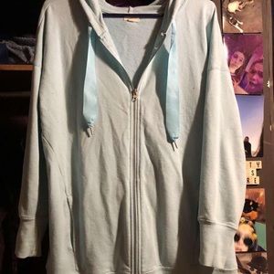 blue zip up hoodie.